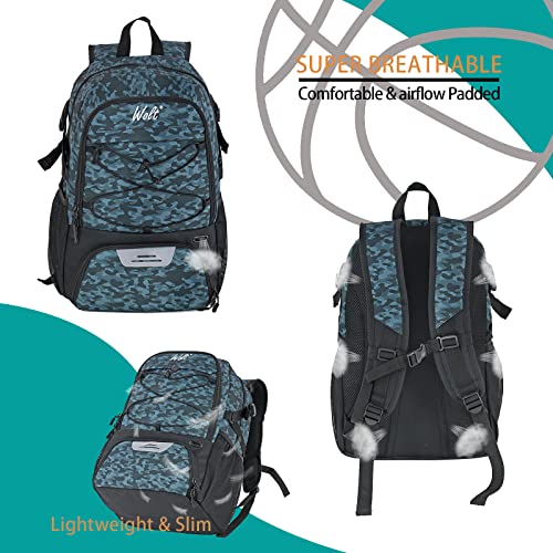 WOLT Basketball Backpack Large Sports Bag with Separate Ball Holder & Shoes Compartment, Best for Basketball, Soccer,Gym - color: Camouflage Grey