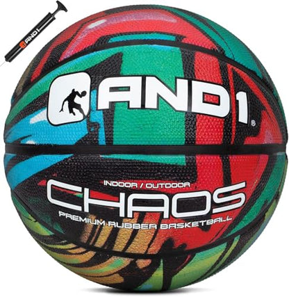 AND1 Chaos Basketball: Official Regulation (29.5 inches) Rubber - Deep Channel Construction Streetball, Made for Indoor Outdoor Basketball Games - color: Green/Red Graffiti