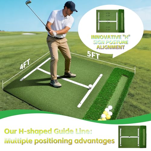(Enlarged×Thickened) Golf Mat 36mm, 5x4ft Dual-Turf Golf Hitting Mat with Ball Tray for Indoor Outdoor, Thickened Heavy Duty Commercial Golf Mat, High-Elasticity Golf Practice Mat for Simulator -PRO