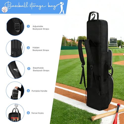 Baseball Bat Bag Backpack for 3-4 Baseball Bats with Multi-pocket and Separate Shoe Compartment, Soft Bat Bag with Fence Hook and Adjustable Shoulder Strap, Suit for Baseball, Softball, T-ball Bat
