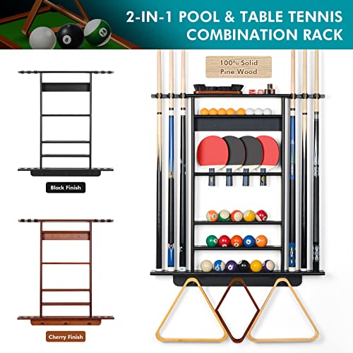 XCSOURCE Pool Stick Holder - 2-IN-1 Pool Cue & Ping Pong Paddle Rack, Solid Pine Wood Wall Mount for Billiards and Table Tennis Accessories, Man Cave, Game Room - color: 2-IN-1 Black
