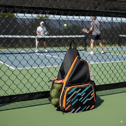 Pickleball Sling Bag with Shoe Compartment for Men Women, Professional 2-3 Paddle Backpack, Large Capacity Bag with 36oz Water Bottle Pocket & Fence Hook - color: Black/Amber