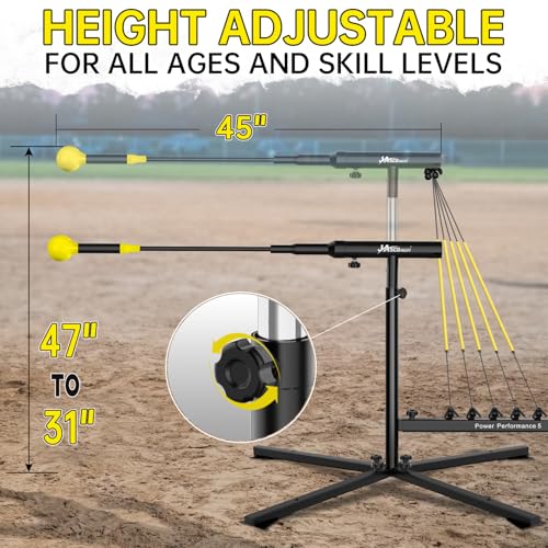 JASCOPRO Baseball Swing Trainer with 5 Power Bands,Height Adjustable 31-47 inches Baseball Hitting Trainer, Auto Reset Baseball Training Equipment Softball Swing Trainer with Metal Stakes & Carry Bag