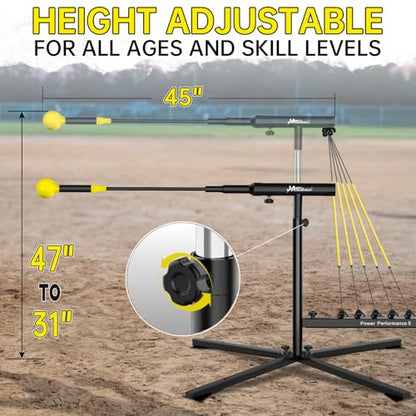 JASCOPRO Baseball Swing Trainer with 5 Power Bands,Height Adjustable 31-47 inches Baseball Hitting Trainer, Auto Reset Baseball Training Equipment Softball Swing Trainer with Metal Stakes & Carry Bag