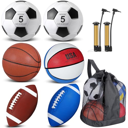 Sratte 6 Pcs Sports Balls Set for Teens Adults Official Size Football Soccer Basketball with Pump Sports Equipment Bag for Youth Training Practice Sport Gift Back to School - color: Brown White