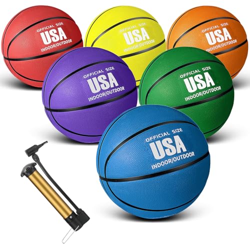 Jenaai 6 Pcs Rubber Basketballs Official Size Bulk Streetballs Multicolor Basket Balls with Pump Plain Basketball Set for Adult Youth Gifts Indoor Outdoor Training Games - size: Size 5, style: Colorful