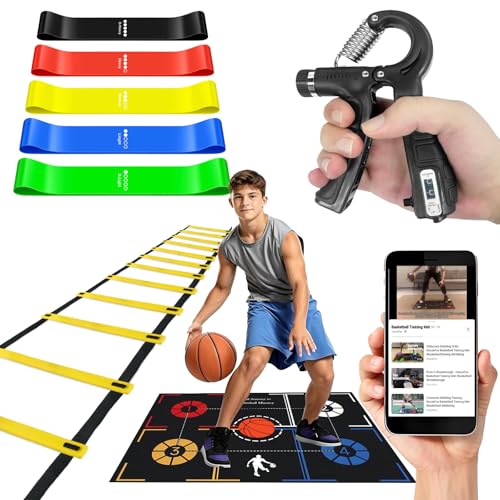 Basketball Training Equipment, Agility Footwork Training Mat, Dribble Trainer, Basketball Practice Aids with Training Mat, Agility ladder, Grip Strengthener, Resistance Bands - color: Black, size: 42"*29"