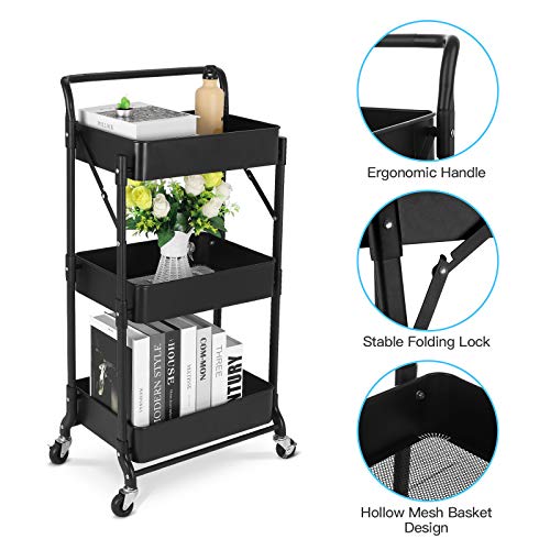 Foldable 3 Tier Metal Utility Rolling Cart, Folding Mobile Multi-Function Storage Trolley Organizer Cart for Home Library Office(Black) - color: Black