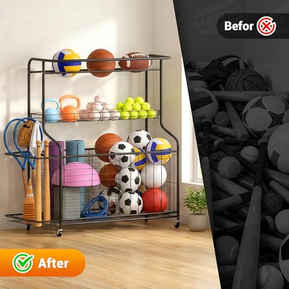 Sports Equipment Organizer -Heavy Duty Rolling Garage Storage Rack & Ball Holder, Large Capacity Cart for Outdoor Toy Storage & Garage Storage
