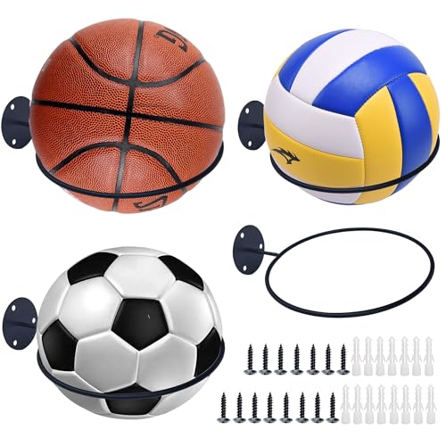 4Pcs Basketball Wall Mounted Storage Holder Display, Universal Ball Rack Metal Black Rack Holder Space Saver for Basketball Football Volleyball Soccer Storage Display