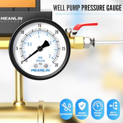 0-30Psi 2" DIAL FACE 1/4" NPT Well Pump Pressure Gauge, with 1/2" NPT and 3/8" NPT Hex Bushing, 3-2-3% Accuracy, Center Back Mount - size: 0-30Psi, style: 1/4"NPT Back Mount