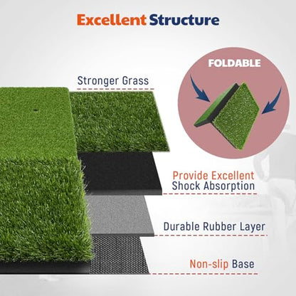 JAYA Golf Hitting Mat with Heavy Rubber Base, Foldable Golf Practice Mat for Indoor & Outdoor Training, Dual Turf Fairway & Rough Grass Mat for Swing, Chipping and Driving Practice - size: 24" x 24"