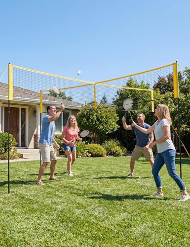 14FT Portable 4 Square Volleyball Game Set – Adjustable Height Net, Durable Frame & Full Accessories for Backyard/Beach/Lawn, Family Volleyball Equipment, Yellow