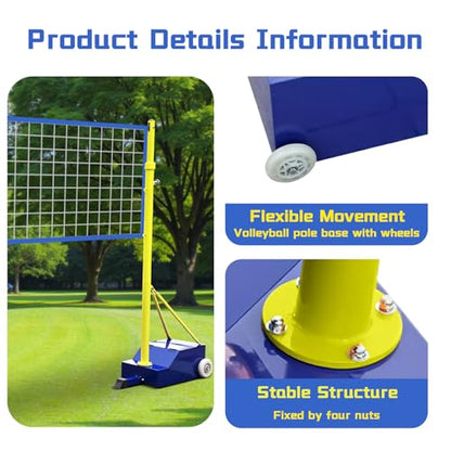 Volleyball Poles for Backyard with Net,Volleyball/Badminton Poles with Movable Heavy Duty Base,Volleyball Net Poles Adjustable 4 Heights,for Indoor Outdoor Stadium School Adults Kids