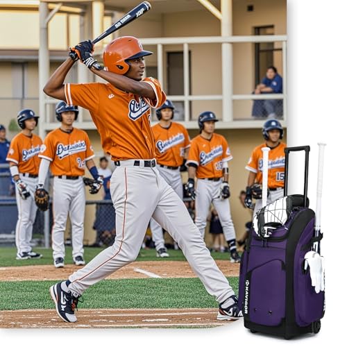 KAVIGOR Rolling Baseball Bag with Wheels, 60L Capacity Softball Bag Holds 4 Bats for Boys and Girls, Youth Equipment Bag with Shoe Compartment - color: Purple