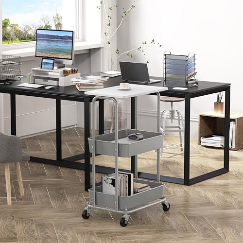 Simple Houseware 2-Tier Rolling Utility Cart with Lockable Wheels and Wood Top, Metal Storage Organizer Trolley for Kitchen, Bathroom, Office, Craft Room, White