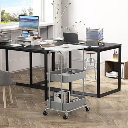Simple Houseware 2-Tier Rolling Utility Cart with Lockable Wheels and Wood Top, Metal Storage Organizer Trolley for Kitchen, Bathroom, Office, Craft Room, White