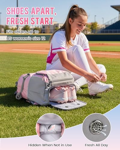 MATEIN PRO Girls Softball Bag with Helmet Net, Lightweight Softball Backpack with Ventilated Shoe Compartment & Organizer Pocket, Youth Baseball Bag with Side Pockets for 40oz Tumbler & TBall Bats