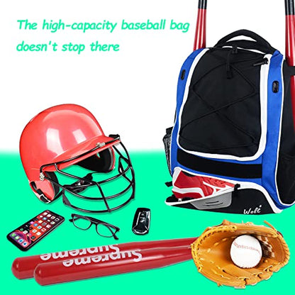 WOLT Youth Baseball Bag - Bat Backpack for Baseball, T-Ball & Softball Equipment & Gear, Bat & Glove Holder, Large Main Compartment for Helmet & accessories, Separate Shoes Compartment, Fence Hook - color: Blue