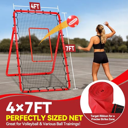 6-Angle Adjustable Volleyball Rebounder Net 7x4ft, High Stable Bounce Back Training Equipment for Practicing Volleying Bumping Spiking with High-Tension Net, PU Volleyball and Pump, Stakes - color: Red