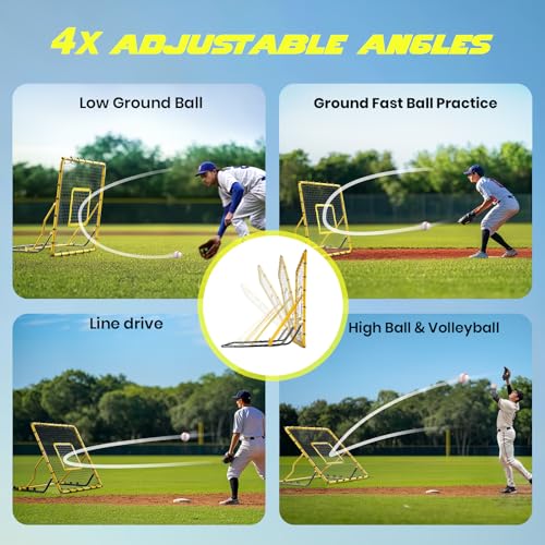 Baseball Rebounder Net,4x4.5FT Multi-Sport Pitch Back Rebounder Steel Frame with 4 Adjustable Angles, 40pcs Bungees Soccer, Volleyball&Lacrosse Trainer for Solo Fielding - color: Yellow