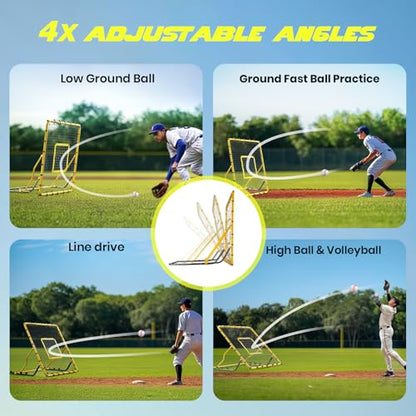 Baseball Rebounder Net,4x4.5FT Multi-Sport Pitch Back Rebounder Steel Frame with 4 Adjustable Angles, 40pcs Bungees Soccer, Volleyball&Lacrosse Trainer for Solo Fielding - color: Yellow