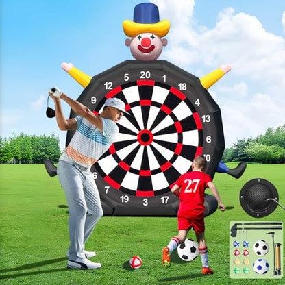 Giant 13FT Inflatable Soccer Dart Board with Built-in Blower,Clown Carnival Game for Youth & Adults - Kick Dartboard Set with 8 Golf Balls, 2 Clubs, 2 Soccer Balls - Outdoor Yard Game for Family