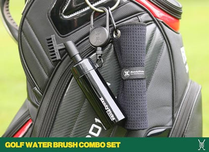 Handy Picks Golf Club Cleaner with Water Bottle Holds 5.5 OZ, Heavy Duty Metal Retractable Magnetic Clip, Waffle Microfiber Golf Towel, Ideal Water Brush Combo - color: Black