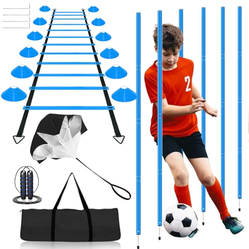 Vztipki Speed & Agility Training Equipment-20ft Agility Ladder, 6 Poles, 12 Soccer Cones, Resistance Parachute, Jump Rope, Soccer Football Basketball Sport Training Set for Kids Youth Adults - color: Blue