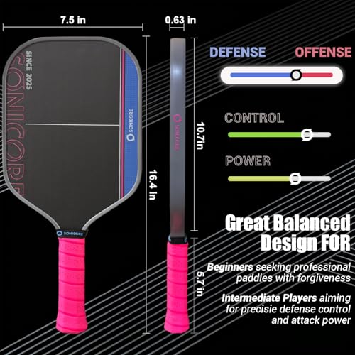 SONICORE Pickleball Paddle Set Bundle, T700 Carbon Fiber 16mm Core, 1 Paddle, Cover, Wristbands, Grip Tape, Eraser, 4 Premium Balls | Vibe Pink