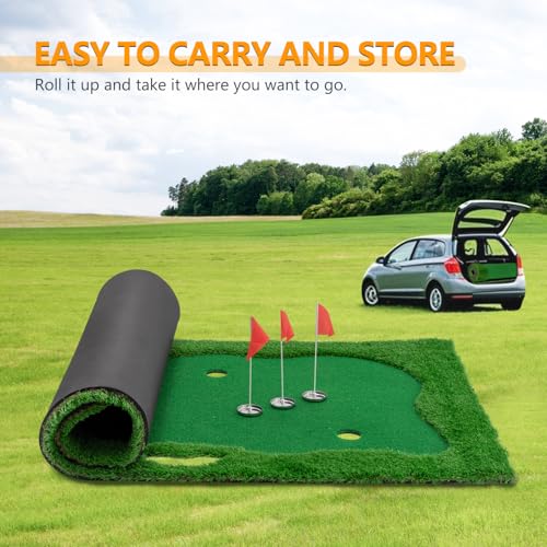 10x5 FT Golf Putting Green, Large Putting matt Professional Training Mat with Realistic Artificial Grass Turf, 3 Holes, 3 Flags and Cups for Indoor Outdoor Putting Practice - size: 10x5 FT