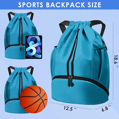 BROTOU Soccer Bags, Football Backpack, Volleyball Bag, Drawstring Backpack with Ball and Shoe Compartment, Football bags for Equipment Swim Gym Bag - color: Lake Blue