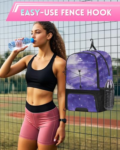 MATEIN Girls Soccer Backpack, Large Basketball Bag with Ball Holder & Shoe Compartment for Tournament & Game Day, Lightweight Youth Sports Bag with Fence Hook Fits 15.6 Inch Laptop, Soccer Team Gifts - color: Galaxy Purple