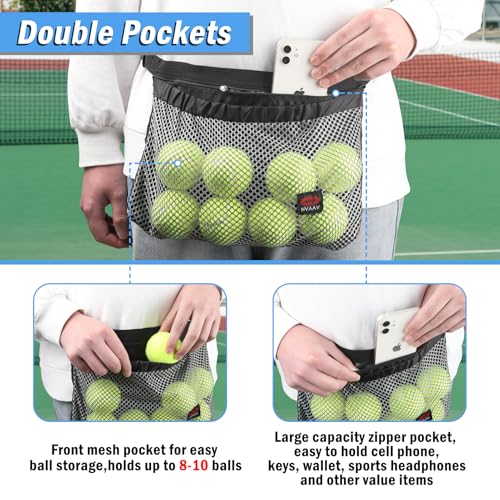 Tennis Ball Band Holder, Pickleball Ball Waist Bag with Adjustable Belt, Tennis Waist Storage Pouch, Mesh Waist Hip Ball Bag Pouch Carrier, Holding 8-10 Balls for Tennis, Pickleball, Golf Accessories