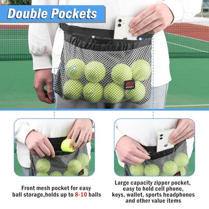 Tennis Ball Band Holder, Pickleball Ball Waist Bag with Adjustable Belt, Tennis Waist Storage Pouch, Mesh Waist Hip Ball Bag Pouch Carrier, Holding 8-10 Balls for Tennis, Pickleball, Golf Accessories