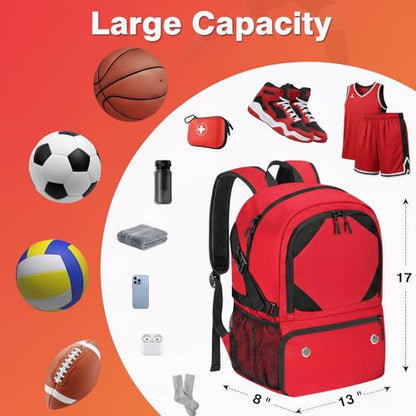 Basketball Bag Backpack with Ball & Shoes Compartment for Soccer Ball Volleyball Football, Large Sports Bag Backpack - color: Red
