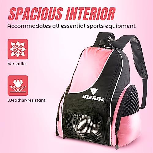 Vizari Solano Soccer Backpack With Ball Compartment and Vented Ball Pocket and Mesh Side Cargo Pockets for Adults and Teens - color: Pink