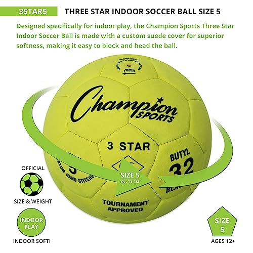 Champion Sports 3 Star Indoor Official Size 5 Soccer Ball with Custom Suede Cover