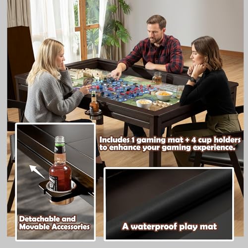 Solid Wood Board Game Table with Removable Table Top for 4–6 Players,Gaming Table and Dining Includes Play Mat and Detachable Cup Holders with 55" x 31" Play Area (Black Walnut) - color: Black Walnut