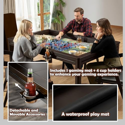 Solid Wood Board Game Table with Removable Table Top for 4–6 Players,Gaming Table and Dining Includes Play Mat and Detachable Cup Holders with 55" x 31" Play Area (Black Walnut) - color: Black Walnut