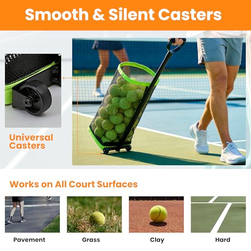 Tennis Ball Hopper with Telescopic Handle - Holds 50+ Tennis Balls or 40+ Pickleballs, Portable Tennis Ball Picker with Quiet Wheels，Built for Hard Courts & Daily Practice