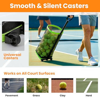 Tennis Ball Hopper with Telescopic Handle - Holds 50+ Tennis Balls or 40+ Pickleballs, Portable Tennis Ball Picker with Quiet Wheels，Built for Hard Courts & Daily Practice