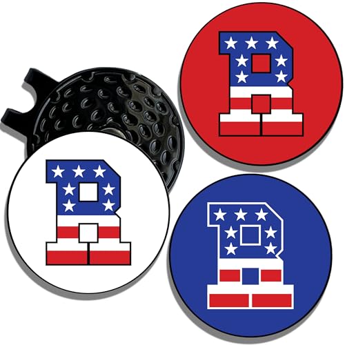 Wolf Golf Towels Golf Ball Marker Hat Clip | USA Monogram | 1 Magnetic Clip + 3 Ball Markers | Patriotic Golf Accessories for Men & Women - color: R - Red White & Blue