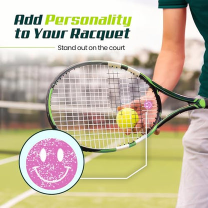 Tennis Racket Dampener - Glitter Smiley Face Designs - Vibration & Noise-Reducing Tennis Shock Absorber for Racquets - Secure, Easy-Install Accessories for Players of All Levels - style: Pink