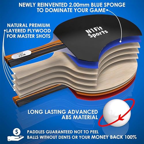 N1fit Ping Pong Paddle Set - 4 Professional Rackets, Retractable Net, 6 Pig Pong Balls, Carry Case - Indoor and Outdoor Table Tennis Play