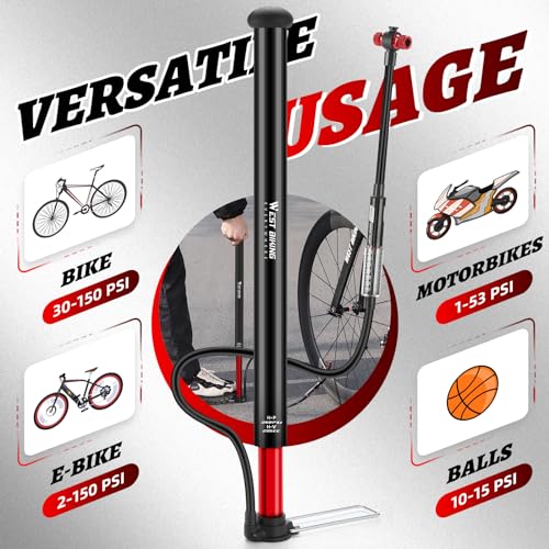 WEST Biking Updated Bike Pump with Gauge, High Pressure 260Psi, Bicycle Floor Pump Inflator for Road Bike MTB
