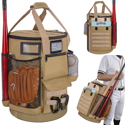 Baseball Bucket Bag, Tactical Style Softball Bucket Cover for 6 Gallon Bucket, Coaching Accessories Organizer with Multiple Pockets for Bat, Gloves, Scoreboard - color: Khaki