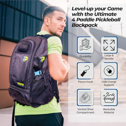 Hoopis Extra-Large Pickleball Travel Backpack – Carry-On Size Tournament Bag – Fits 4–6+ Paddles – Oversized Gear Bag with Shoe Compartment – NOT a Standard Backpack
