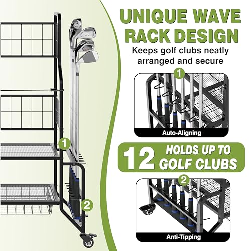 Golf Bag Storage Garage Organizer Golf Bag Stand Fits 2 Bags Extra Clubs Balls Shoes Golf Equipment Accessories Golf Storage Rack for Garage Club Shed