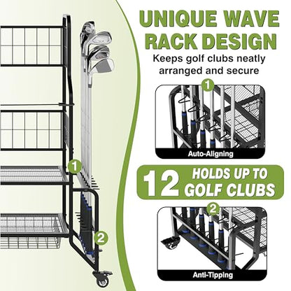 Golf Bag Storage Garage Organizer Golf Bag Stand Fits 2 Bags Extra Clubs Balls Shoes Golf Equipment Accessories Golf Storage Rack for Garage Club Shed